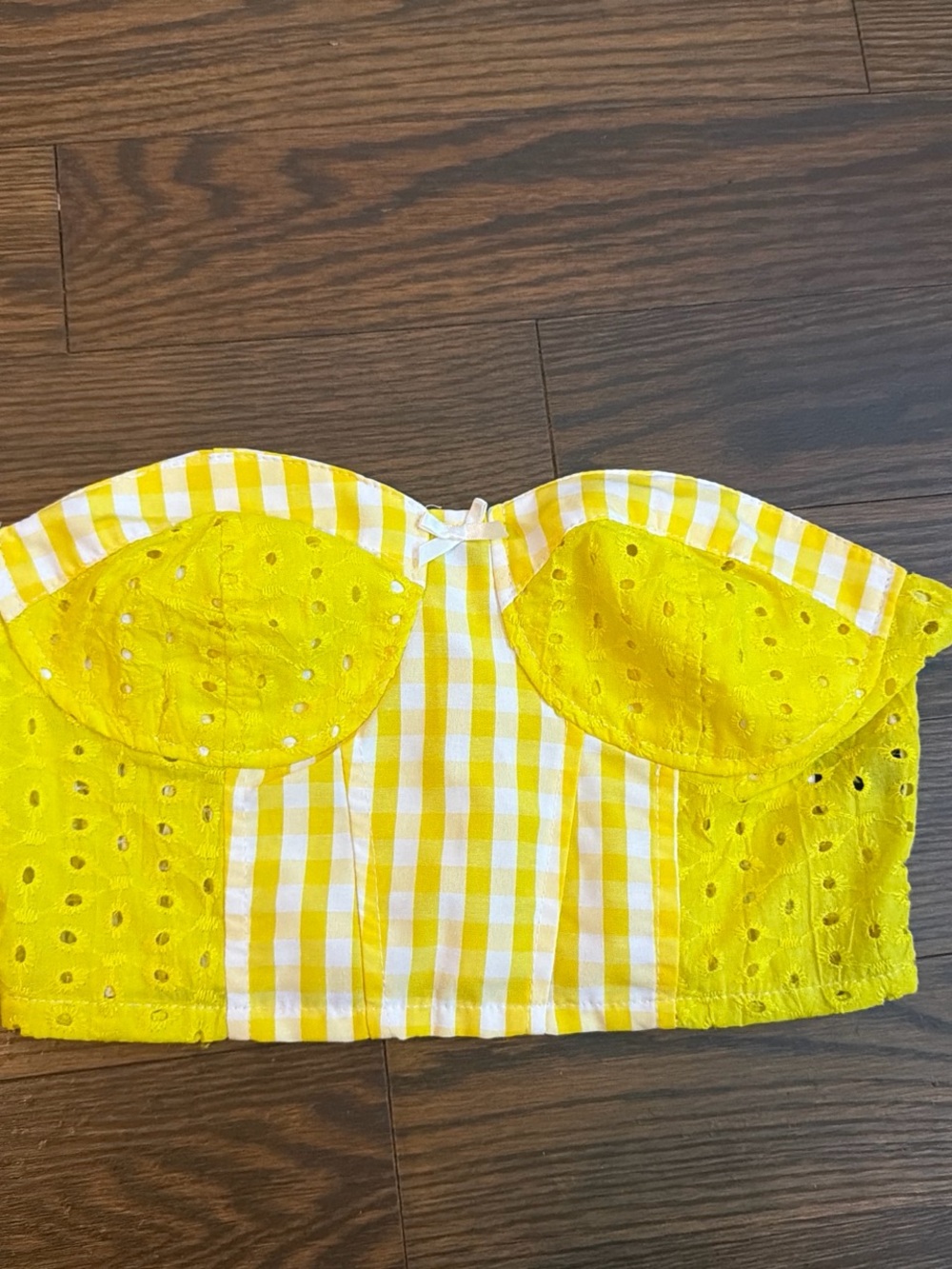 Yellow Gingham Eyelet Strapless Bustier Top
